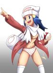  blue_eyes blue_hair bra burger_print clueless dawn_(pokemon) euf-dreamer frilled_panties frills highres midriff navel non-web_source panties pink_panties poke_ball pokemon pokemon_(anime) print_panties smile training_bra unbuttoned underwear 