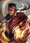  black_hair brown_eyes dark_skin dark_skinned_male earrings facial_mark fire foreshortening headband highres jewelry jojo_no_kimyou_na_bouken male_focus mickel_man mohammed_avdol ponytail robe solo 