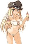  bikini bismarck_(kantai_collection) blonde_hair blue_eyes breasts food german_flag hat highres ice_cream ice_cream_cone jewelry kantai_collection large_breasts long_hair necklace one-piece_tan oota_yuuichi open_mouth peaked_cap solo swimsuit tan tanline 
