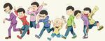  black_hair bow bowtie brothers buck_teeth character_name chibita closed_eyes food formal hood hoodie iyami male_focus matsuno_choromatsu matsuno_ichimatsu matsuno_juushimatsu matsuno_karamatsu matsuno_osomatsu matsuno_todomatsu multiple_boys natsuki_nori oden osomatsu-kun osomatsu-san purple_suit sextuplets siblings sleeves_past_wrists slippers suit sunglasses surgical_mask walking 