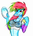  anthro blue_scales breasts clothed clothing female fish green_hair hair marine midriff multicolored_hair nipples red_eyes red_hair roythefurry scales shark simple_background solo traditional_media_(artwork) two_tone_hair white_background 