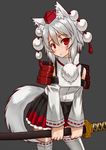  :&lt; animal_ears bare_shoulders black_background blush breasts detached_sleeves gankon hat highres inubashiri_momiji katana looking_at_viewer medium_breasts pom_pom_(clothes) red_eyes short_hair silver_hair simple_background skirt solo sword tail thighhighs tokin_hat touhou weapon white_background wolf_ears wolf_tail 