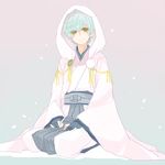  aqua_hair bad_id bad_pixiv_id black_gloves cosplay gloves hood ichigo_hitofuri japanese_clothes male_focus partly_fingerless_gloves petals sayu030b seiza sitting smile solo touken_ranbu tsurumaru_kuninaga tsurumaru_kuninaga_(cosplay) yellow_eyes 