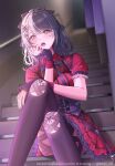  1girl amyu_(amm_asl_pa) black_corset black_hair black_thighhighs bow collared_dress corset dress frilled_dress frills grey_hair hair_bow highres hololive hololive_english looking_at_viewer medium_hair multicolored_hair official_alternate_costume official_alternate_hairstyle open_mouth red_dress shiori_novella shiori_novella_(casual) short_sleeves sitting sitting_on_stairs solo split-color_hair stairs teeth thighhighs two-tone_hair upper_teeth_only virtual_youtuber yellow_eyes 
