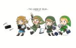 4boys belt blonde_hair blue_eyes blue_tunic boots brown_belt brown_boots brown_gloves brown_pants champion&#039;s_tunic_(zelda) closed_mouth commentary controller copyright_name earrings english_commentary english_text fingerless_gloves fold-over_boots game_console game_controller gamecube gamecube_controller gloves green_hat green_tunic handheld_game_console hat holding holding_controller holding_game_controller holding_handheld_game_console in-franchise_crossover jewelry layered_sleeves link long_sleeves looking_at_viewer maya_(mayamayammy) multiple_boys multiple_persona nintendo_64 nintendo_64_controller nintendo_switch nintendo_switch_2 nunchuk_(wii) open_mouth pants pointy_ears ponytail short_hair short_over_long_sleeves short_ponytail short_sleeves shoulder_belt sidelocks signature simple_background smile teeth the_legend_of_zelda the_legend_of_zelda:_breath_of_the_wild the_legend_of_zelda:_ocarina_of_time the_legend_of_zelda:_skyward_sword the_legend_of_zelda:_twilight_princess tunic upper_teeth_only white_background white_pants wii wii_remote 