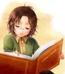  book book_focus brown_hair commentary_request glasses hanasaki_komugi hange_zoe reading shingeki_no_kyojin short_hair solo younger 