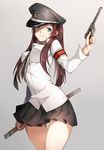  akami_fumio armband bad_id bad_pixiv_id blue_eyes breasts brown_hair finger_on_trigger gun handgun hat holding holding_gun holding_weapon katana long_hair looking_at_viewer medium_breasts miniskirt original peaked_cap pistol pleated_skirt red_hair sheath sheathed simple_background skirt smile solo sword thigh_gap uniform upper_body weapon 