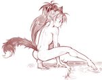  animal_ears ass bad_id bad_tumblr_id barefoot bow commentary convenient_arm ddhew hair_bow mahou_shoujo_madoka_magica monochrome nude ponytail profile sakura_kyouko sketch solo tail toe_dipping water wolf_ears wolf_girl wolf_tail 
