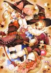  apron arm_warmers basket belt blonde_hair boots bow braid broom candy capelet commentary_request cookie fingerless_gloves food funnyfunny gloves hat hat_bow jack-o'-lantern kirisame_marisa lollipop looking_at_viewer open_mouth puffy_shorts shorts single_braid solo star steampunk thighhighs touhou traditional_media waist_apron white_legwear witch_hat yellow_eyes 