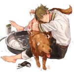  1boy absurdres barefoot basin belt black_pants blonde_hair blue_eyes blush brown_belt closed_mouth commentary_request dog foam full_body golden_retriever hair_between_eyes highres idolmaster idolmaster_side-m kashiwagi_tsubasa key looking_at_viewer male_focus nana_tetra one_eye_closed pants pants_rolled_up shampoo shirt short_hair shower_head simple_background sitting smile solo washing_animal water white_background white_shirt 