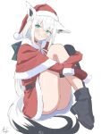  1girl alternate_costume animal_ear_fluff animal_ears ass belt black_belt black_boots blue_eyes boots braid christmas daimyojin_t dress fox_ears fox_girl fox_tail hair_between_eyes hat highres hololive hololive_gamers long_sleeves pentagram santa_costume santa_dress santa_hat shirakami_fubuki single_braid single_thighhigh tail thighhighs thighs virtual_youtuber white_background white_hair 