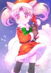  1girl belt bishoujo_senshi_sailor_moon black_belt black_thighhighs bow brown_gloves chibi_usa christmas closed_mouth cone_hair_bun double_bun dress earrings feet_out_of_frame fur-trimmed_dress fur-trimmed_headwear fur-trimmed_sleeves fur_collar fur_trim gloves green_bow hair_bun hat heart highres himehachi_(hime8manga) jewelry legs_apart long_sleeves over-kneehighs pink_hair pink_pupils red_dress red_eyes red_hat sack sailor_collar sailor_dress santa_costume santa_dress santa_hat short_hair snow snowing solo standing thighhighs twintails v-shaped_eyebrows white_sailor_collar wind wind_lift 