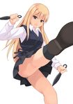  akemiho_tabi_nikki black_legwear blonde_hair brown_eyes holding kicking kouno_hikaru kunai long_hair looking_at_viewer miniskirt open_mouth panties pantyshot pantyshot_(kicking) pleated_skirt skirt solo takeguro_rara underwear upskirt weapon 