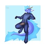 anthro arm_tuft big_tail blue_body blue_fur blue_hair cheek_tuft clothed clothing dragon elbow_tuft facial_tuft fluffy full_body_stockings full_body_suit fully_clothed fur furred_dragon furred_scalie genitals glistening glistening_body glistening_clothing hair happy hi_res horn huge_tail inner_ear_fluff kyaro legwear male mythological_creature mythological_scalie mythology navel orange_eyes pantyhose penis penis_through_clothing scalie solo stockings tail tuft zertyz_(character)