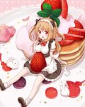 blush breasts brown_hair bunny food fruit long_hair looking_at_viewer mary_janes medium_breasts open_mouth original pancake shoes sitting skirt snowmi solo strawberry 