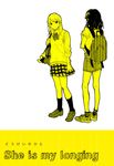  backpack bag black_hair bow collared_shirt english eye_contact full_body keshizumi kneehighs loafers long_hair looking_at_another monochrome multiple_girls original plaid plaid_skirt school_bag school_uniform shirt shoes short_hair short_sleeves shorts simple_background skirt sneakers socks sweater_vest t-shirt translated white_background yellow 