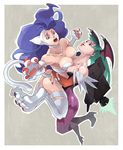  ai-eye animal_ears animal_print ass asymmetrical_docking bat_print big_hair blue_eyes blue_hair breast_press breasts cat_ears cat_tail claws cleavage demon_girl elbow_gloves felicia gloves green_eyes green_hair head_wings large_breasts long_hair morrigan_aensland multiple_girls open_mouth pantyhose paws print_legwear smile succubus tail vampire_(game) 