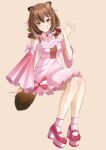  1girl :d absurdres animal_ears blush bow brown_hair cherry_hair_ornament commentary cosplay cyon_hart detached_sleeves dress english_commentary food-themed_hair_ornament frilled_dress frills full_body grin hair_between_eyes hair_ornament hatsune_miku hatsune_miku_(cosplay) highres pink_bow pink_dress pink_shoes pink_sleeves raccoon_ears raccoon_girl raccoon_tail second-party_source shoes simple_background sitting smile solo tail teeth v&amp;u_entertainment vocaloid watatai wide_sleeves yellow_background 