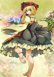  aki_minoriko apron barefoot blonde_hair brown_eyes flower food fruit full_body grapes hat long_sleeves looking_at_viewer looking_back mob_cap shirt short_hair skirt soles solo standing standing_on_one_leg touhou umigarasu_(kitsune1963) wide_sleeves 