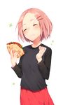  7zu7 :t black_shirt closed_eyes cowboy_shot eating food food_on_face foodgasm hair_ornament hairclip hands_up head_tilt holding holding_food layered_clothing long_sleeves original pink_hair red_skirt shawarma shirt short_hair simple_background skirt smile solo white_background 