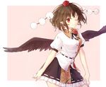  black_wings brown_hair hat honotai looking_at_viewer one_eye_closed pink_background pointy_ears pom_pom_(clothes) puffy_sleeves ribbon shameimaru_aya shirt short_hair short_sleeves skirt smile solo string tokin_hat touhou wings 