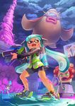  3girls aori_(splatoon) bike_shorts billboard domino_mask goggles headphones hero_shot_(splatoon) highway hotaru_(splatoon) ink_tank_(splatoon) inkling kamifish long_hair mask multiple_girls octarian octobomber octotrooper open_mouth pointy_ears poster sign splatoon_(series) splatoon_1 squidbeak_splatoon super_soaker tentacle_hair 