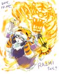  2015 bags_under_eyes character_name dated fire fur_trim gagame indivisible lantern long_hair open_mouth pale_skin purple_hair razmi_(indivisible) red_eyes tiger_pelt 