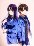  1girl aldnoah.zero brother_and_sister brown_eyes brown_hair complex_fracture eyepatch kaizuka_inaho kaizuka_yuki long_hair military military_uniform necktie purple_hair short_hair siblings skirt smile uniform 