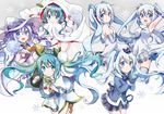  armpits blue_eyes blue_hair blush green_hair hat hatsune_miku long_hair looking_at_viewer multiple_girls open_mouth skirt smile snowflakes snowmi suki!_yuki!_maji_magic_(vocaloid) thighhighs twintails vocaloid witch_hat yuki_miku 