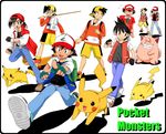  akai_isamu_(pokemon) backpack bag baseball_cap black_border border clefairy copyright_name dengeki!_pikachu english fingerless_gloves fishing_rod gen_1_pokemon gloves gold_(pokemon) hat kenta_(pokemon) male_focus multiple_boys multiple_persona pikachu pocket_monsters_(manga) pointing pokemon pokemon_(anime) pokemon_(classic_anime) pokemon_(creature) pokemon_(game) pokemon_special purin_(pinkcotton) red_(pokemon) running satoshi_(pokemon) simple_background walking white_background 