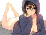  ass backlighting barefoot bed blue_eyes blurry breasts brown_hair character_request chin_rest collarbone depth_of_field feet hair_between_eyes hood hoodie large_breasts legs_up lips looking_to_the_side lying matarou_(genkai_toppa) naked_hoodie no_pants on_stomach panties parted_lips short_hair simple_background solo the_pose thighs underwear white_background white_panties 