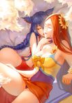  ahri alternate_costume animal_ears bangs blue_hair bow braid breasts chromatic_aberration cleavage closed_eyes closed_mouth eyelashes feng_dai_hr flower fox_ears fox_tail hair_flower hair_ornament half-closed_eyes large_breasts league_of_legends leaning_back leona_(league_of_legends) long_hair multiple_girls multiple_tails nail_polish orange_hair pink_lips pool_party_leona purple_nails red_lips sitting sleeveless slit_pupils smile swimsuit tail very_long_hair whiskers yellow_bow yuri 