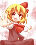  :d blonde_hair fang hair_ribbon ishimori_sakana open_mouth outstretched_arms red_eyes ribbon rumia shirt short_hair skirt smile solo spread_arms touhou vest 