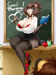  &lt;3 2015 anthro apple big_breasts blue_eyes book bra breasts brown_hair chalkboard choker classroom cleavage clothed clothing desk detailed_background digital_media_(artwork) english_text eyelashes female fruit fur garter_straps grey_fur hair hair_bun hedgehog high_heels huge_breasts inside legwear lips looking_at_viewer madturtle mammal mature_female mother parent pink_nose quinn_(madturtle) raised_arm ring ruler sitting skirt smile solo_focus stockings student teacher text thick_thighs underwear voluptuous wide_hips 