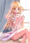  absurdres blonde_hair bow breasts curtains dated hair_bow hair_ornament highres kirisame_marisa light_particles long_hair looking_at_viewer medium_breasts nightgown on_bed open_clothes puffy_sleeves red_eyes short_sleeves signature sitting smile solo touhou transparent vioro window 