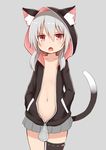  animal_ears cat_ears cat_tail fang grey_background grey_hair hands_in_pockets hood hoodie long_hair looking_at_viewer navel open_mouth original red_eyes simple_background skirt solo tail thighhighs yasagure_yukito zettai_ryouiki zipper 