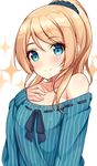  ayase_eli bare_shoulders blonde_hair blue_eyes breasts hair_ornament hair_scrunchie hiiragi_hajime long_hair love_live! love_live!_school_idol_project off_shoulder ponytail ribbon-trimmed_clothes ribbon_trim scrunchie small_breasts smile solo striped sweater vertical_stripes 