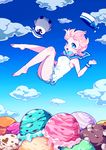  bad_id bad_pixiv_id barefoot bird blue_eyes blue_sky bow bowtie cloud day dixie_cup_hat dress falling food full_body hat hat_removed headwear_removed highres ice_cream kisaragi_yuu_(fallen_sky) military_hat original penguin pink_hair sailor_dress sky solo wrist_cuffs 