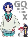  ! !! !? 1boy 2girls absurdres amate_yuzuriha amate_yuzuriha_(cosplay) aqua_eyes blue_hair blush collared_shirt colored_inner_hair commentary_request copyright_name cosplay costume_switch crop_top crossdressing gundam gundam_gquuuuuux hand_on_own_hip highres jacket long_hair long_sleeves looking_at_viewer multicolored_hair multiple_girls necktie nyaan_(gundam_gquuuuuux) ogata_(mm_ogata_rkgk) open_mouth purple_hair red_eyes red_hair school_uniform shirt short_hair shuji_ito shuji_ito_(cosplay) simple_background skirt sweatdrop sweater two-tone_hair white_background wide-eyed yellow_eyes 