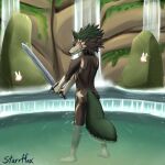 1:1 5_fingers absurd_res anthro anthrofied artist_name brown_body butt canid canine canis day eyes_closed fairy feet fingers fluffy fluffy_tail fountain green_hair green_tail hair hi_res holding_melee_weapon holding_object holding_sword holding_weapon legs_in_water link_(wolf_form) male mammal meditation melee_weapon moss nintendo nude outdoor_nudity outside partially_submerged plant plantigrade rear_view ripples rock slim solo standing starrffax sword tail text the_legend_of_zelda twilight_princess water waterfall weapon white_arms white_feet wolf