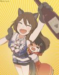  &gt;_&lt; adapted_costume animal_ears ashigara_(kantai_collection) black_hair blush bottle brown_hair closed_eyes commentary_request fake_animal_ears fang gloves grabbing grabbing_from_behind hachi_(hachi_hatch) haguro_(kantai_collection) hair_ornament kantai_collection little_red_riding_hood long_hair multiple_girls open_mouth short_hair tail tears wavy_mouth wine_bottle wolf_ears wolf_girl wolf_tail 