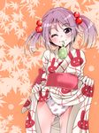  blush clothes_lift food_print hair_bobbles hair_ornament highres japanese_clothes kantai_collection kimono kimono_lift looking_at_viewer mouth_hold obi one_eye_closed panties pink_eyes pink_hair print_panties sash sazanami_(kantai_collection) short_hair smile solo strawberry_panties strawberry_print tsukineko twintails underwear 