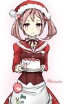  cake chewing dress food harino646 hat kantai_collection pink_hair red_eyes sailor_collar santa_hat sazanami_(kantai_collection) short_hair solo twintails 