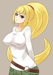  arms_behind_back belt blonde_hair breasts brown_background gundam gundam_tekketsu_no_orphans highres hips kudelia_aina_bernstein large_breasts long_hair looking_at_viewer o-ring parted_lips ponytail purple_eyes simple_background solo souren 