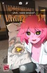  1boy 1girl absurdres ashido_mina bathrobe bed bed_sheet black_sclera blush boku_no_hero_academia breasts collarbone colored_sclera colored_skin cuffs english_text fake_phone_screenshot fake_screenshot hair_between_eyes handcuffs highres horns indoors khyle. kirishima_eijiro large_breasts looking_at_viewer lower_teeth_only medium_hair messy_hair open_mouth pillow pink_hair pink_skin pussy_juice pussy_juice_puddle pussy_juice_stain red_hair scratches sex_toy solo_focus sweat teeth yellow_eyes 
