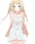  backlighting bad_id bad_pixiv_id blonde_hair blue_eyes braid dress hiro_(hirohiro31) jacket long_hair looking_at_viewer open_clothes open_jacket original smile solo thighhighs twin_braids very_long_hair white_dress zettai_ryouiki 