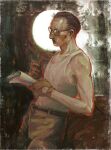  1boy bare_shoulders black_eyes brown_gloves brown_hair brown_pants ccavver cowboy_shot disco_elysium expressionless glasses gloves highres holding holding_notebook holding_pencil kim_kitsuragi looking_at_viewer male_focus mature_male notebook painterly pants pencil realistic round_eyewear short_hair signature solo tank_top toned toned_male white_tank_top 