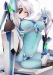  bad_id bad_pixiv_id blazblue braid breasts covered_navel eyepatch highres inaba_sunimi large_breasts long_hair nu-13 red_eyes silver_hair simple_background smile solo thighs white_background 