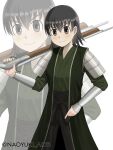  1girl :3 armor artist_name azumanga_daioh bayonet black_hair black_pants blush bob_cut bracer breasts brown_eyes closed_mouth clothing_request commentary cowboy_shot english_commentary flipped_hair green_jacket green_kimono gun highres holding holding_gun holding_weapon index_finger_raised jacket japanese_armor japanese_clothes kimono light_blush light_smile long_sleeves looking_at_viewer musket naoyuki_arts open_clothes open_jacket over_shoulder pants pauldrons short_hair shoulder_armor small_breasts smile solo standing twitter_username v-shaped_eyebrows weapon weapon_over_shoulder white_background zoom_layer 