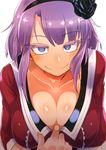  bad_id bad_twitter_id blue_eyes blush breasts cleavage closed_mouth colored_eyelashes dagashi_kashi eyebrows eyebrows_visible_through_hair face flower hair_flower hair_ornament hairband large_breasts long_hair looking_at_viewer naughty_face nuezou purple_hair raised_eyebrows sanpaku shidare_hotaru shirt_pull simple_background smile solo white_background 